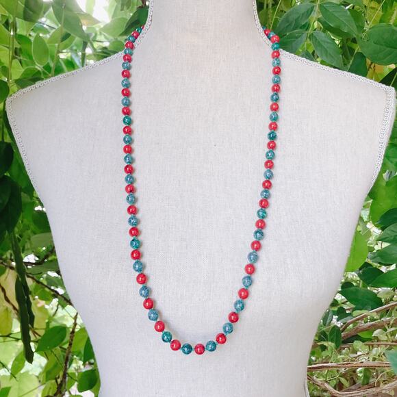 Vintage Dyed Stone Bead Opera Length Necklace Red Blue Green Hand Knotted - Picture 3 of 8
